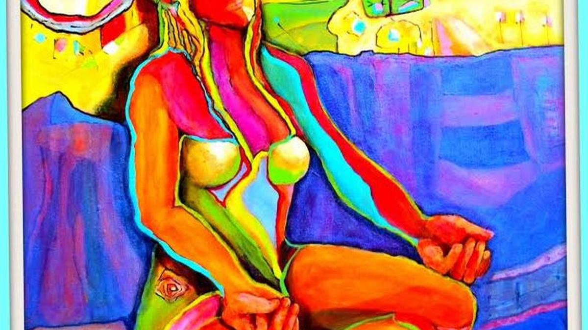 This photo shows “Centered,” among abstract acrylic paintings by Claire Sallenger Martin, in a featured artists exhibit, Monday-Aug. 20 – also with pottery by Betsy Sellers – at Franklin Square Gallery, 130 E. West St., Southport, N.C., open 10 a.m.-5 p.m. Mondays-Saturdays.