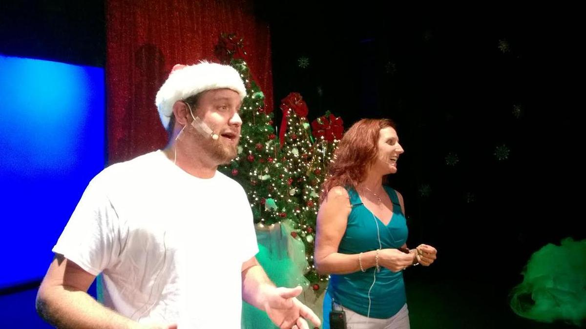 Blake Wilson and DeLaine Mann rehearse a scene for the Swamp Fox Players’ “Christmas at the Strand,” for shows at 8 p.m. Thursday-Saturday, and 2:30 p.m. Sunday, at the Strand Theater, 710 Front St., Georgetown. Details at 843-527-2924 or www.swampfoxplayers.com.