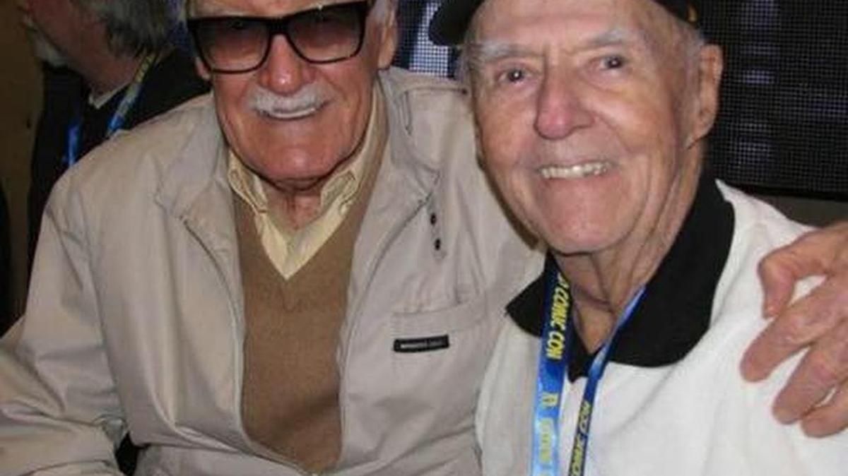 Joe Sinnott (right), who has spent decades as a comic book artist and spends winters near Murrells Inlet, meets up with Stan Lee at the Rhode Island Comic Con in November. Lee first employed Sinnott in the 1950s at what later became Marvel Comics, and Sinnott continues inking the Sunday strips for “Spider-Man,” as drawn by Bob Wiacek, which newspapers publish nationwide through King Features.