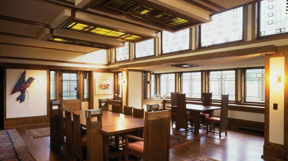 This photo shows the dining area of the Edward E. Boynton House in Rochester, N.Y., part of the exhibit “Frank Lloyd Wright: Architecture of the Interior” – with 28 framed works, of 20 reproduction drawings and eight photographs – opening Tuesday and going through April 7, at the Franklin G. Burroughs-Simeon B. Chapin Art Museum in Myrtle Beach.