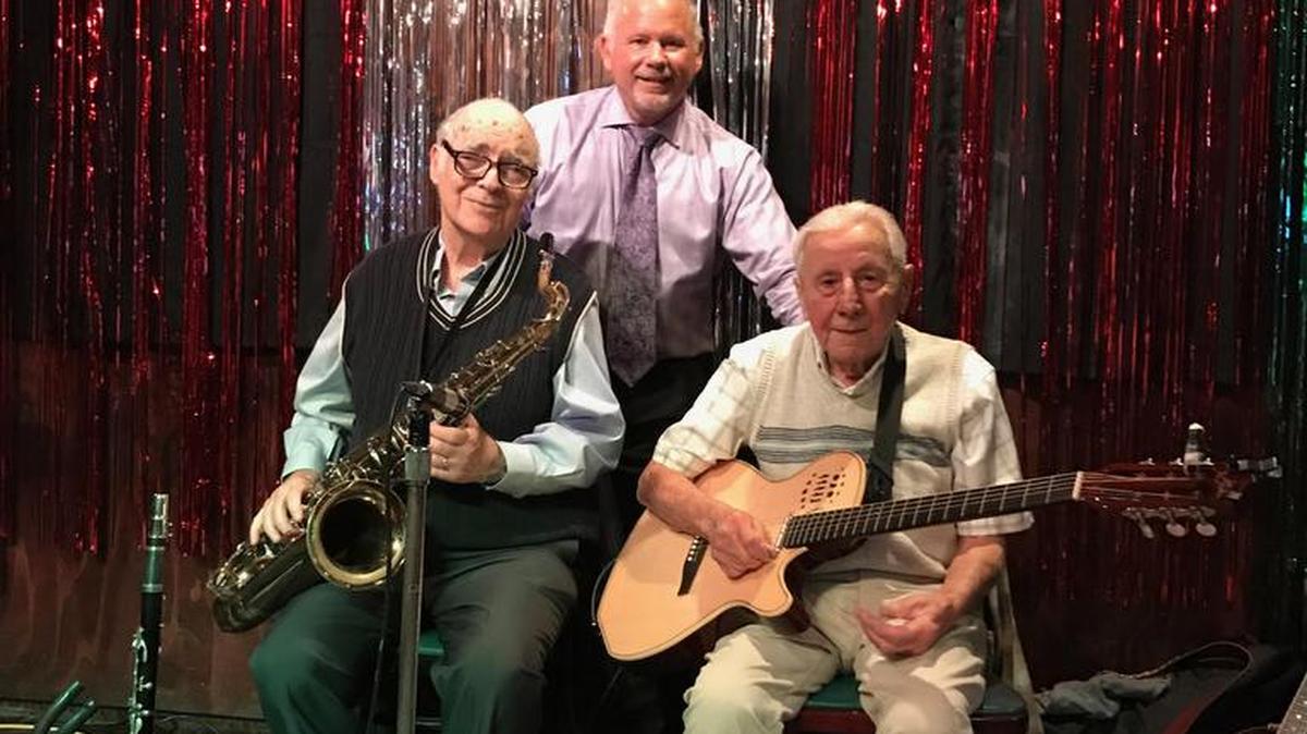 The Aristocats, as seen last month as a trio in starting up another winter of weekly jazz concerts, 7-9 p.m. Wednesdays, at The Old Bull and Bush, 4700 U.S. 17, on the west frontage road, just north of Palmetto Pointe Boulevard, near Socastee and the south city limits of Myrtle Beach. From left: Lloyd Kaplan on woodwinds, Dr. Joe Moyer on percussion, and 96-year-old Nat Piccirilli on guitar and banjo.