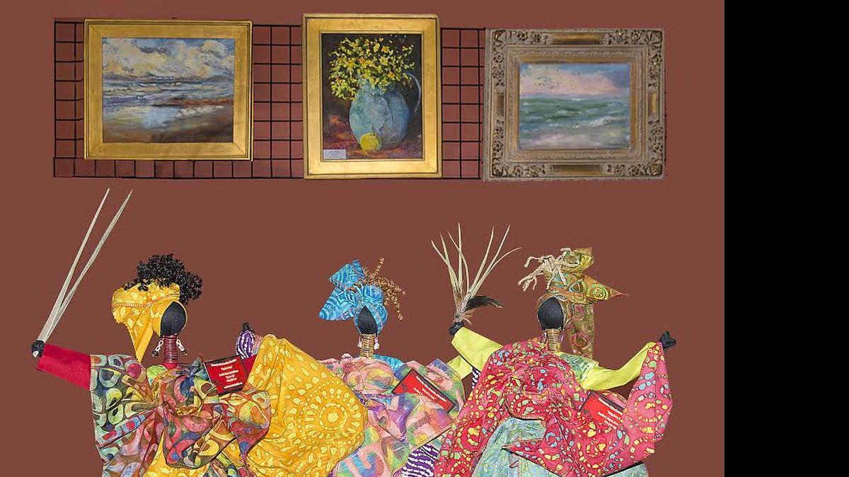 
This photo shows Gullah dolls (front) by Zenobia Harper, and oil paintings by Sue Schirtzinger (back left) and Jane Woodward (back middle and right), all part of a summer solstice artists’ reception, 2-5 p.m. Saturday at Art Works, in the Litchfield Exchange, on U.S. 17 in Litchfield Beach, behind Applewood House of Pancakes and two miles south of Brookgreen Gardens. 
