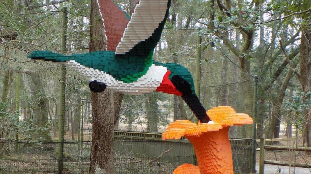 This photo shows “Hummingbird Sipping,” part of Sean Kenney’s “Nature Connects: Legos Bricks Sculpture” exhibit through Sept. 5 across Brookgreen Gardens’ Native Wildlife Zoo.