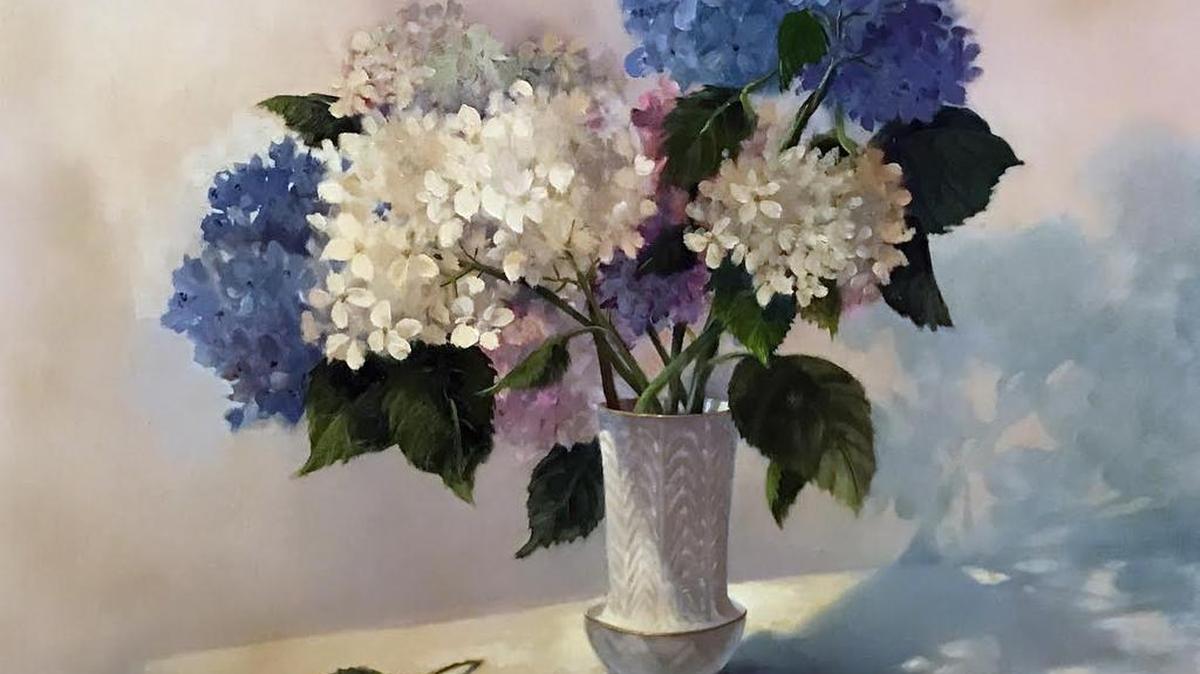 This photo shows “Hydrangeas,” an oil painting on linen, by the late Ramona Batsford Bendin, part of the “Blooms” group exhibit through June 3 at Sunset River Marketplace, 10283 Beach Drive S.W. (N.C. 179), Calabash, open 10 a.m.-5 p.m. Mondays-Saturdays. Details at 910-575-5999 or www.sunsetrivermarketplace.com.