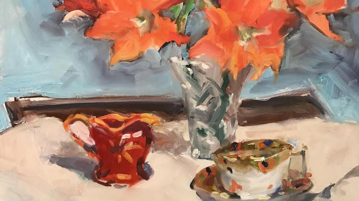 This photo shows “Blazing Coffee,” an oil painting by Brenda Butka, part of the “Blooms” group exhibit through June 3 at Sunset River Marketplace, 10283 Beach Drive S.W. (N.C. 179), Calabash, open 10 a.m.-5 p.m. Mondays-Saturdays. Details at 910-575-5999 or www.sunsetrivermarketplace.com.