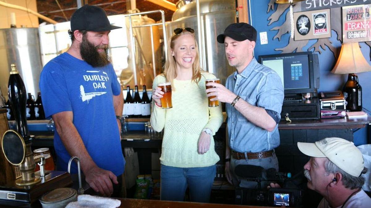 Greg Barna films Darley Newman, Chad Davis and Bryan Brushmiller at Burley Oak Brewery in Berlin, Md., a sustainable brewery and small business, for an episode of “Travels with Darley,” a series airing 7-7:30 p.m. Fridays with new episodes for the next eight weeks on ETV across South Carolina, including WHMC-TV 23 of Conway and WITV-TV 7 of Charleston.