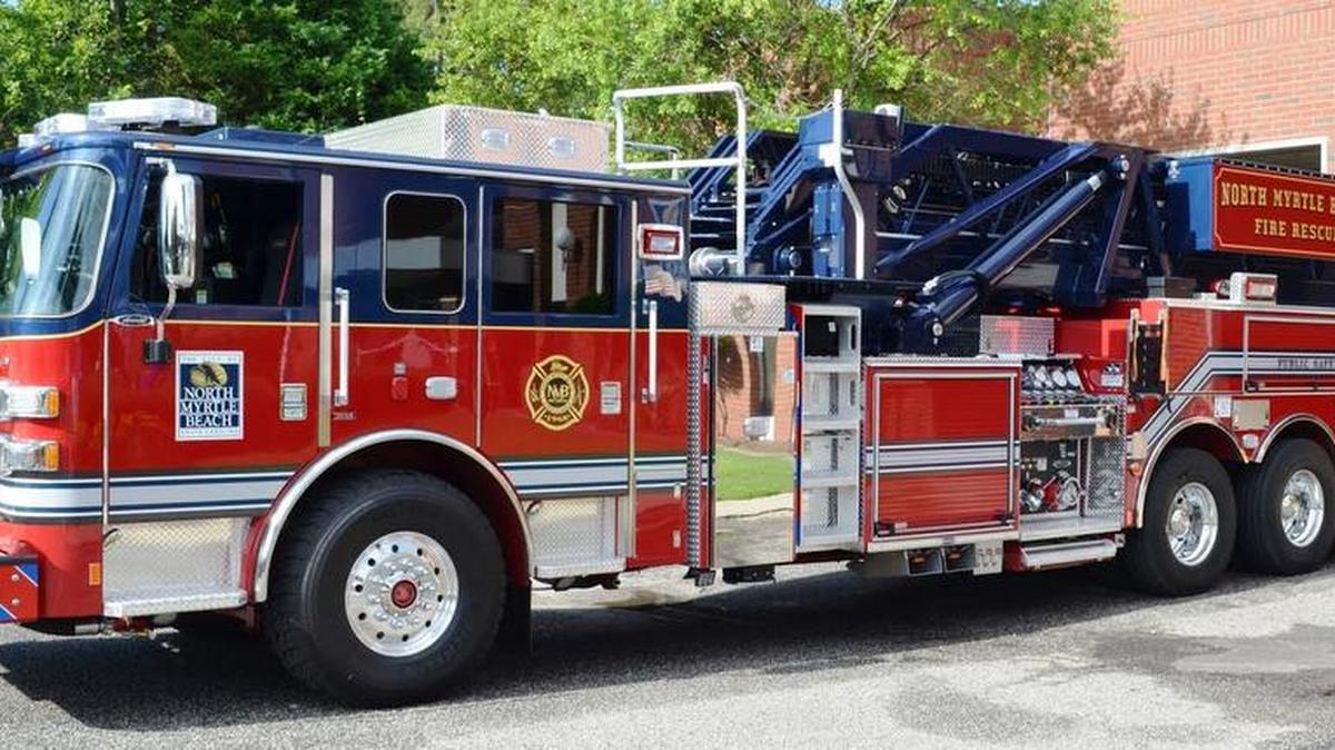 This photo shows North Myrtle Beach’s newly acquired 2016 Pierce, 95-foot, mid-mount fire truck on an Arrow XT chassis – known as Truck 714 and the city’s new, primary tower ladder, or aerial, truck, with an expected use for the next 20 years – before its ceremonial “push-in” celebration into its bay at Fire Station 1, on Second Avenue South.
