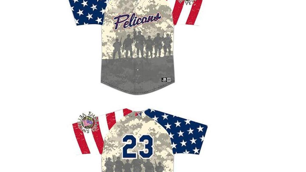 This photo shows the special jerseys that Myrtle Beach Pelicans players will wear Saturday for the team’s third annual “Military Appreciation Night,” for which the first 1,000 fans through the gates at TicketReturn.com Field will receive a 41-count Military Card Set, a baseball card series picturing local veterans. A raffle also is planned for the game-worn jerseys for the honorees to take home.