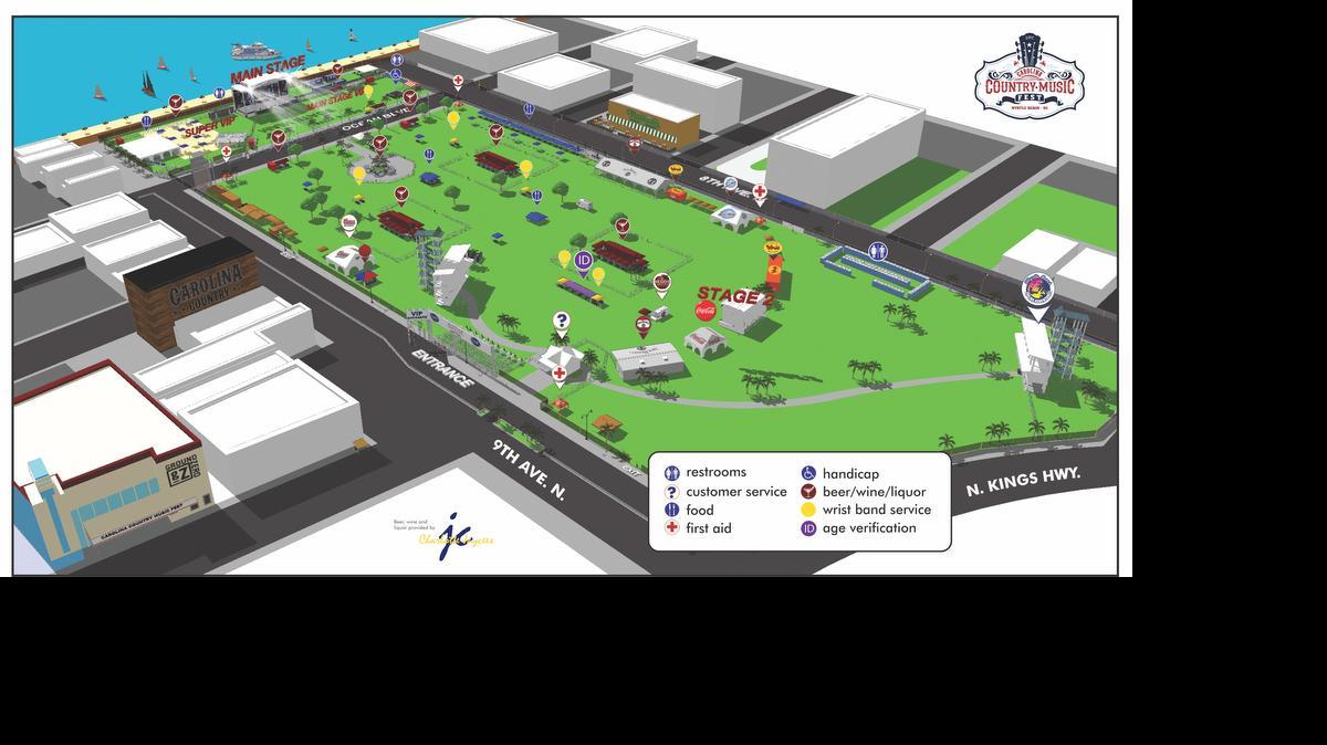 
The entrance to the Carolina Country Music Festival will be on Ninth Avenue North at Chester Street. This is a site map provided by CCMF.
