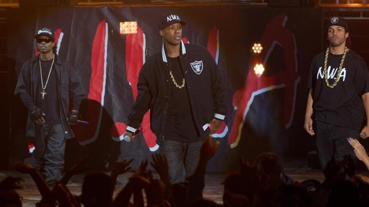 
This photo provided by Universal Pictures shows Jason Mitchell (from left) as Eazy-E, Corey Hawkins as Dr. Dre and O’Shea Jackson, Jr. as Ice Cube, in the film, “Straight Outta Compton.” The movie releases in U.S. theaters on Aug. 14. 
