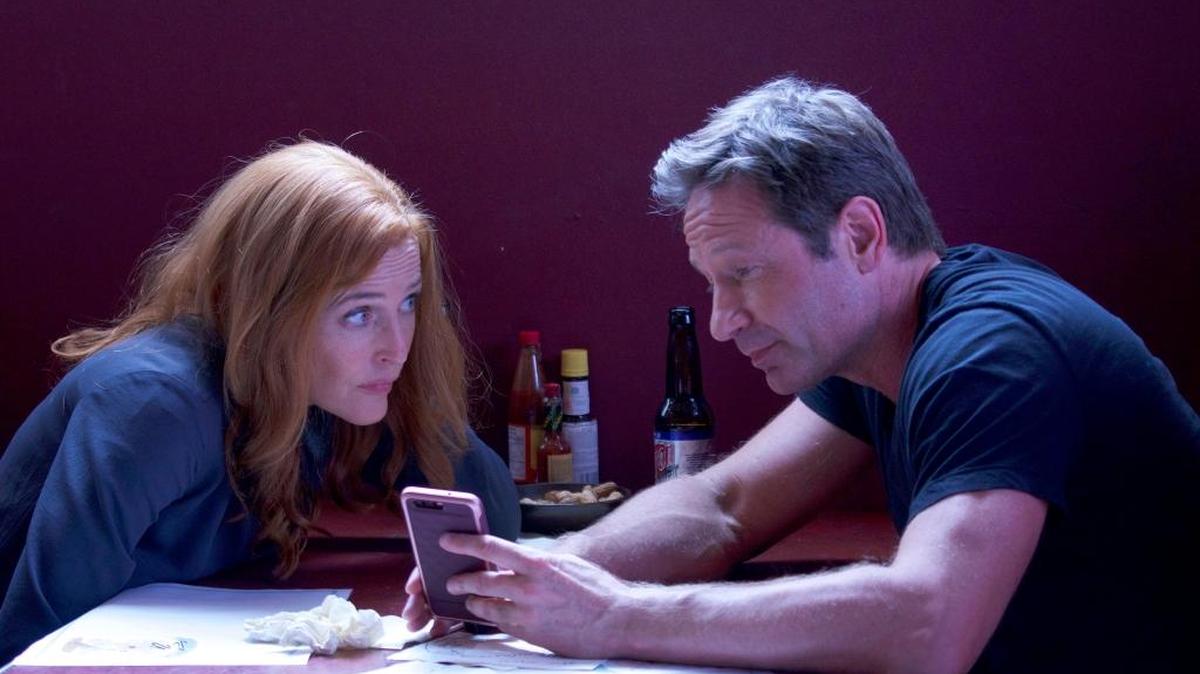 Gillian Anderson and David Duchovny in an episode of the Fox series, "The X-Files."