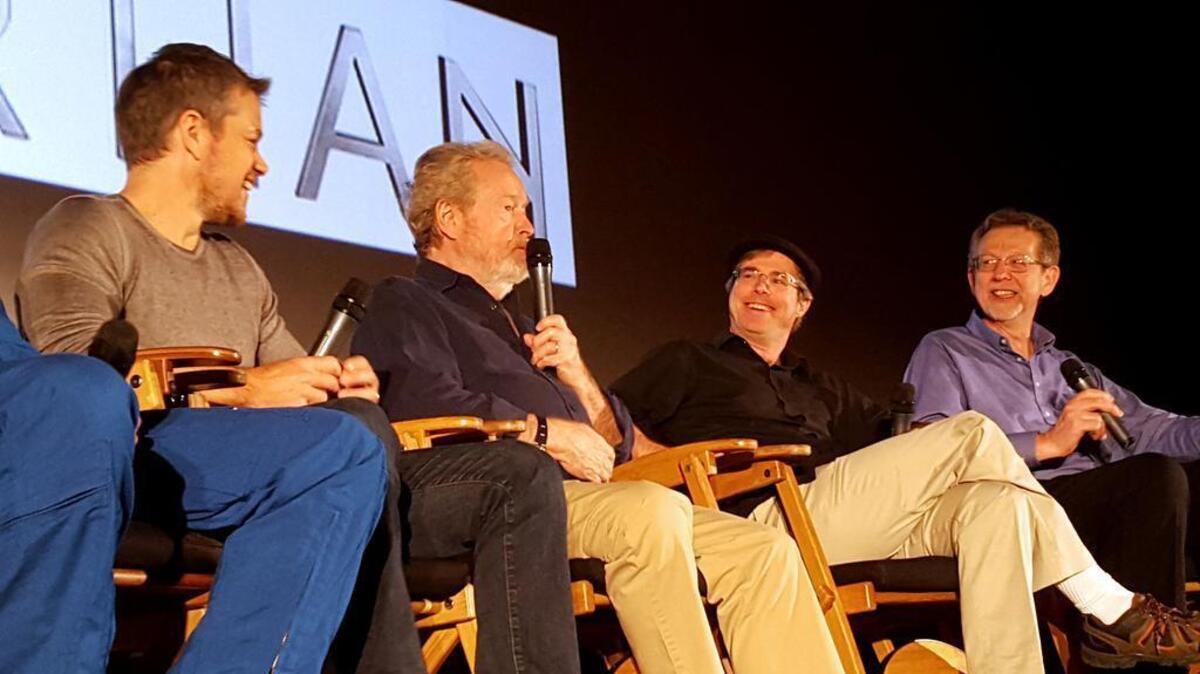 
From left, actor Matt Damon, director Ridley Scott, author Andy Weir and Director of the Planetary Science Division at NASA Headquarters Jim Green, participate in a question and answer session about NASA’s journey to Mars and the film “The Martian” at the United Artist Theater in La Caada Flintridge, Calif. NASA scientists and engineers served as technical consultants on the film. 
