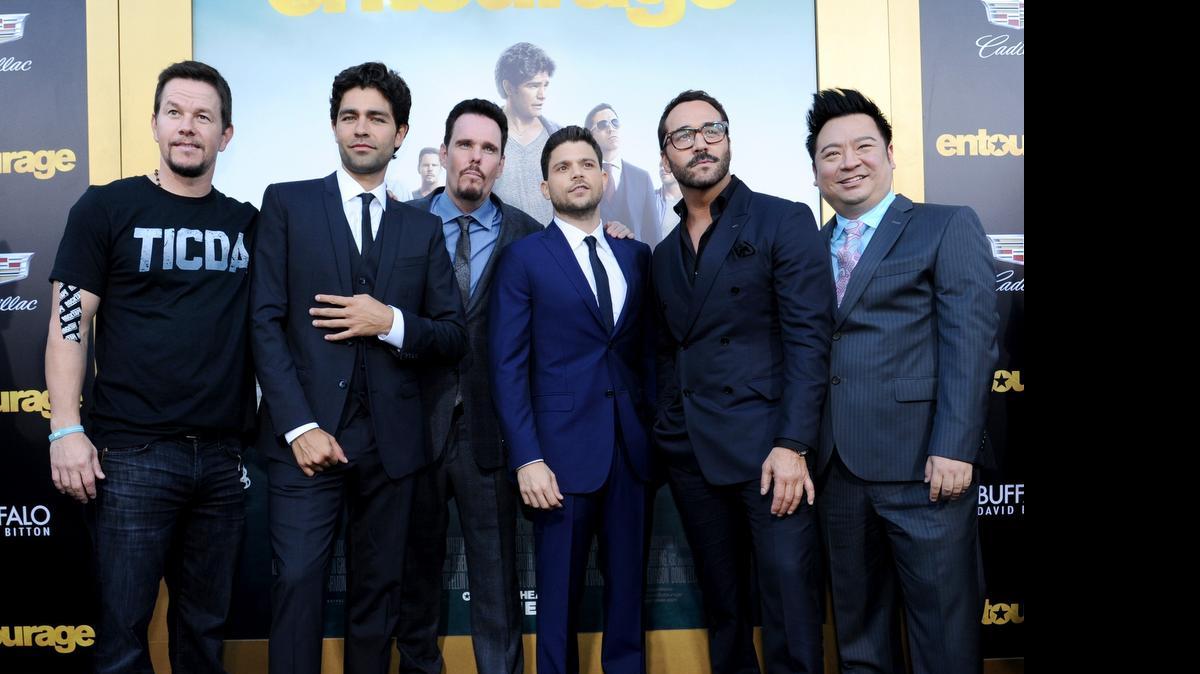 
Mark Wahlberg, from left, Adrian Grenier, Kevin Dillon, Jerry Ferrara, Jeremy Piven and Rex Lee arrive at the Los Angeles premiere of “Entourage” at the Westwood Regency Village Theatre on June 1. Photo by Richard Shotwell/Invision/AP.
