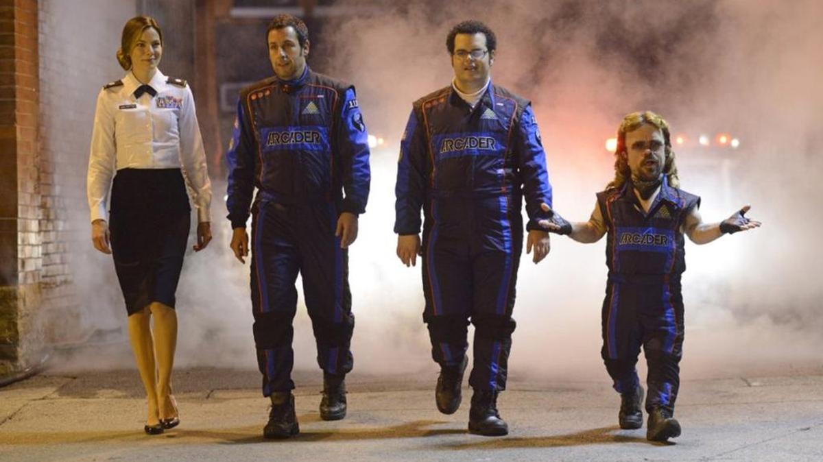 
Michelle Monaghan, Adam Sandler, Josh Gad and Peter Dinklage in “Pixels.”
