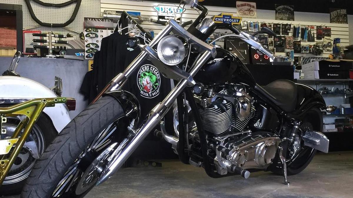 A motorcycle in the Joker’s Customs shop in Surfside Beach. Photo by Kristen West for The Surge.