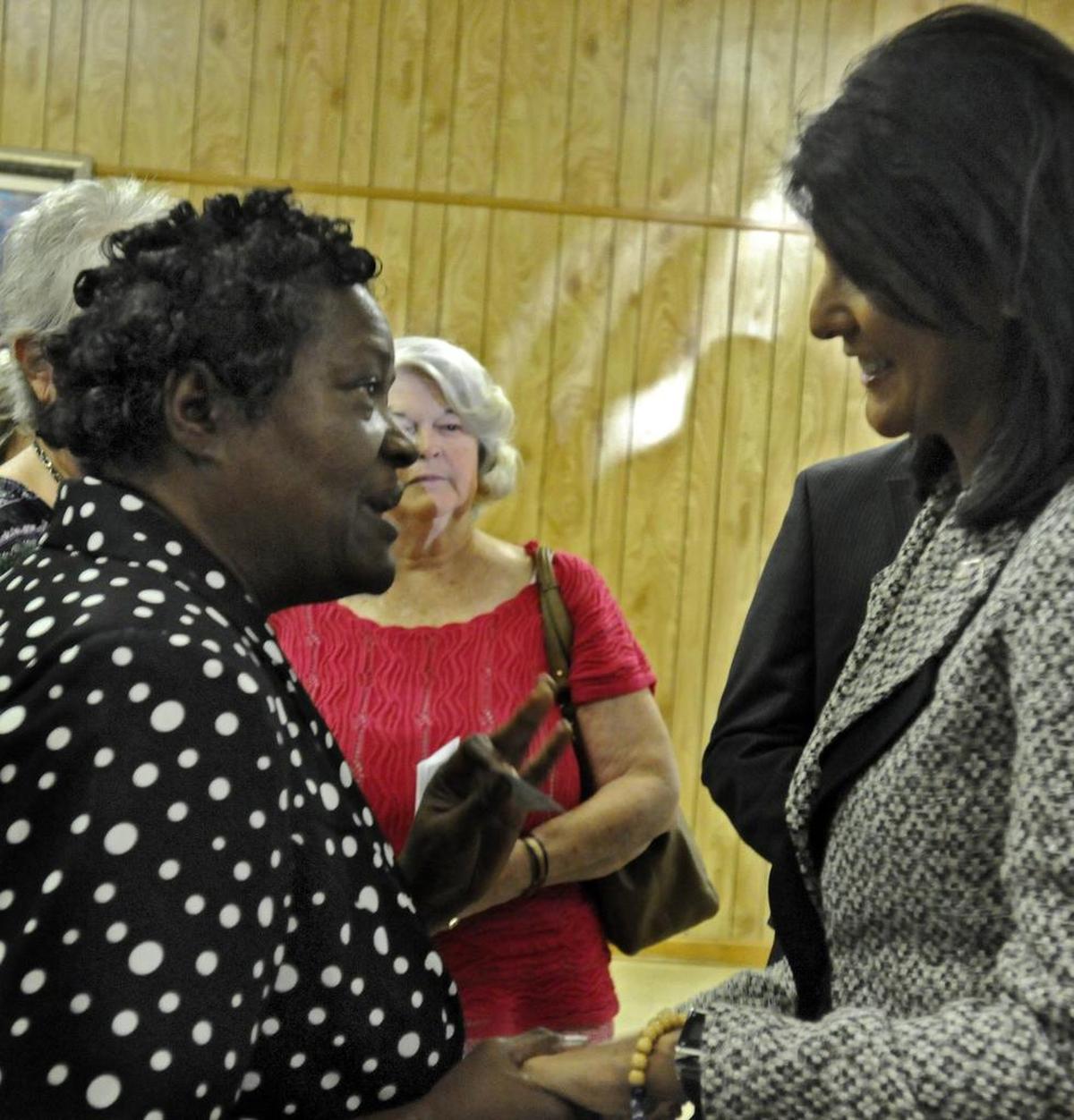 Governor Nikki Haley (right) talks with former mayor, Retha Pierce after addressing the Atlantic Beach Town Council about supporting the creation of a year-round tourism-based economy that would eliminate their dependence on revenue generated during Bikefest. This was the first time the governor of South Carolina has addressed the Atlantic Beach Town Council.