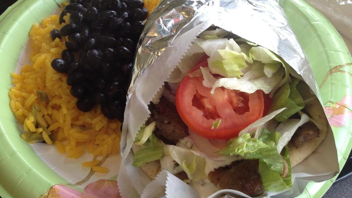 
Gyro with black beans and yellow rice at Angelo’s Mediterranean Grill. Photo by Emily Smith for The Surge.
