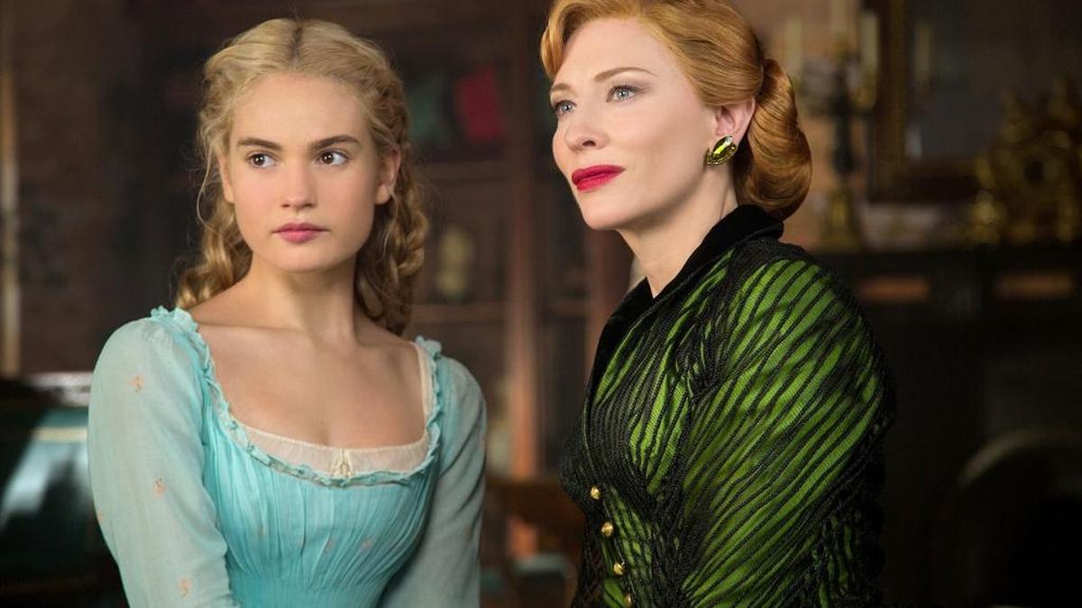 
Lily James is Cinderella and Cate Blanchett is her evil stepmother in Disney’s live-action feature “Cinderella.” Jonathan Olley/Disney Enterprises.
