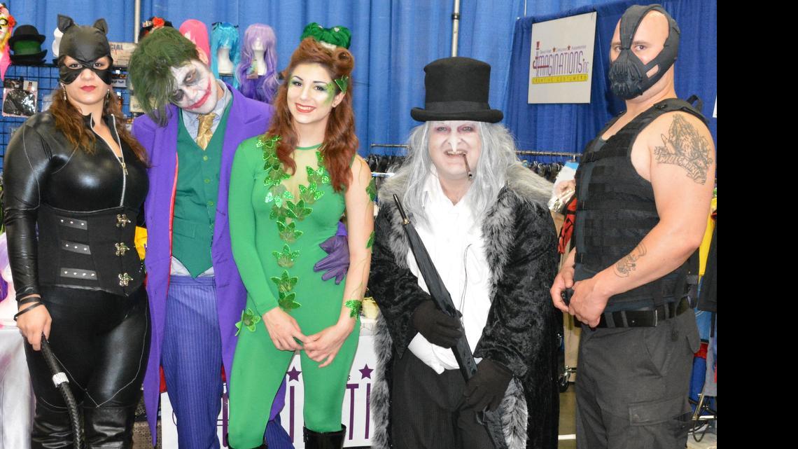 
A host of Batman villians at X Con, from left to right, Catwoman (Nicole Hughes), Joker (Rivers O'Donahue), Poison Ivy (Alexsa Grant), Penguin (Ashley Newitt) and Bane (Jeremy Fields). Photo by Derrick Bracey for The Surge.

