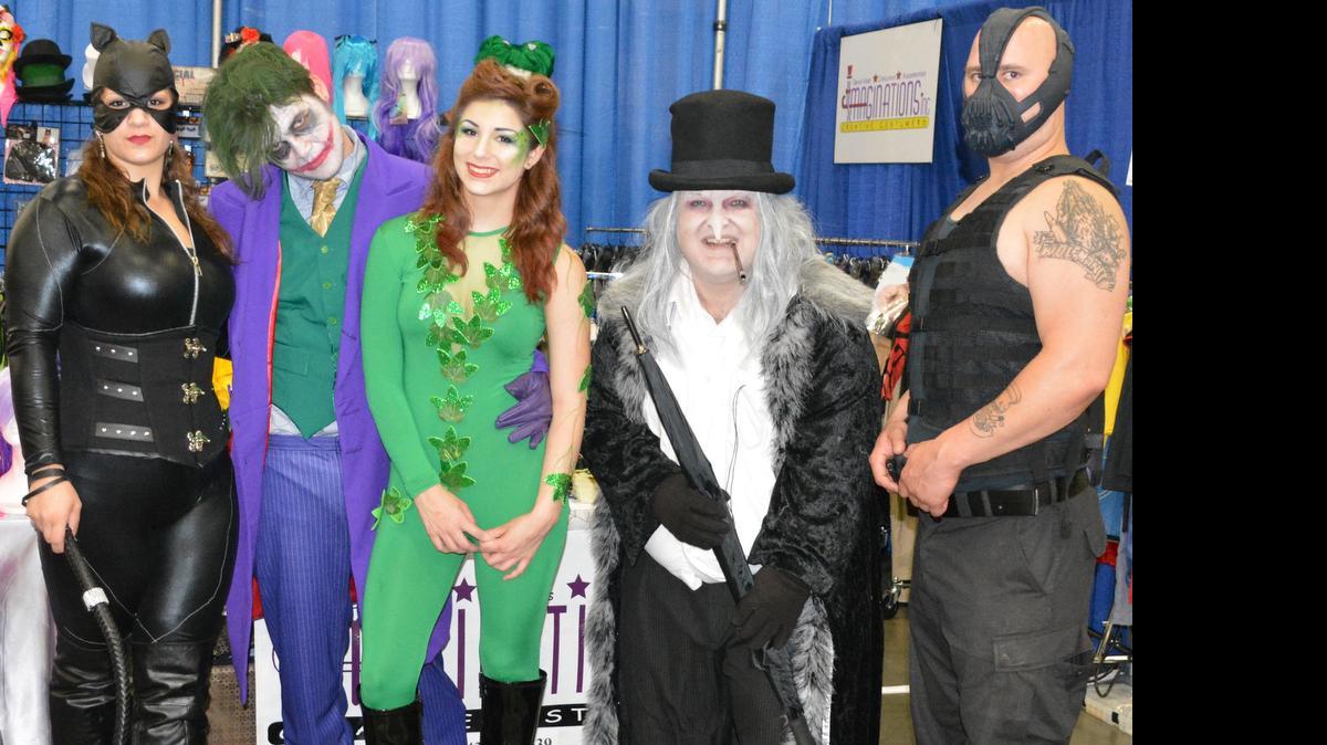 
A host of Batman villians at X Con, from left to right, Catwoman (Nicole Hughes), Joker (Rivers O'Donahue), Poison Ivy (Alexsa Grant), Penguin (Ashley Newitt) and Bane (Jeremy Fields). Photo by Derrick Bracey for The Surge.
