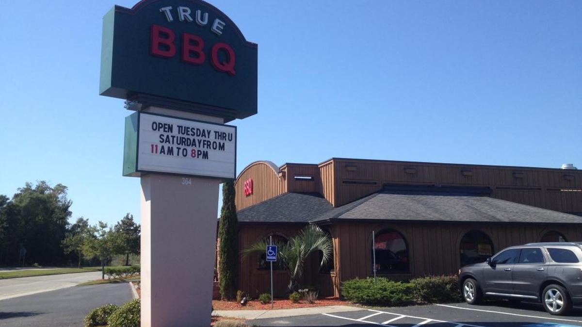 
The exterior of True BBQ On the corner of Pine Island Road and Robert Grissom Parkway in Myrtle Beach. 
