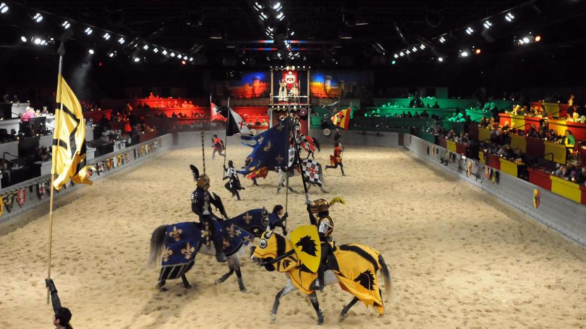 “Medieval Times Dinner & Tournament,” with a majestic theme showcasing dressage and jousting on horseback, does not shift to a yuletide performance edition, however, shows continue year round. This week, shows are at 6 p.m. Wednesday and Friday-Saturday.
