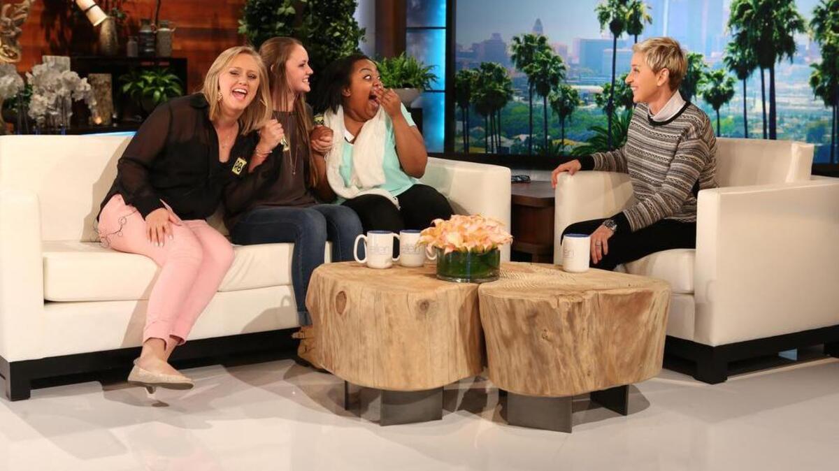 Winthrop University freshman Morgan Lowers, center, appeared on “The Ellen DeGeneres Show” Tuesday with Abby Gervias of Indian Trail, N.C., and Mariah Campbell of Flint, Mich.