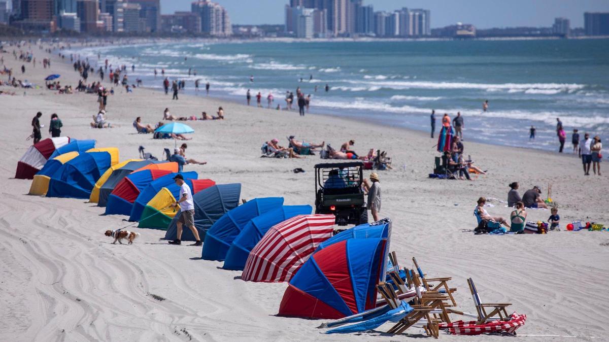 Colorful beach cabanas are rented along sections of the Myrtle Beach shoreline. April 8, 2024.