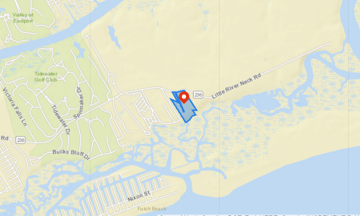 Map of the 25 acre of property owned by The Bluffs at Cherry Grove, LLC near the end of Little River Neck Road and close to Waties Island, S.C. A proposal to change the zoning of this land was deferred by the Horry County Planning Commission on January 5, 2023. Screenshot of Horry County Land Records.