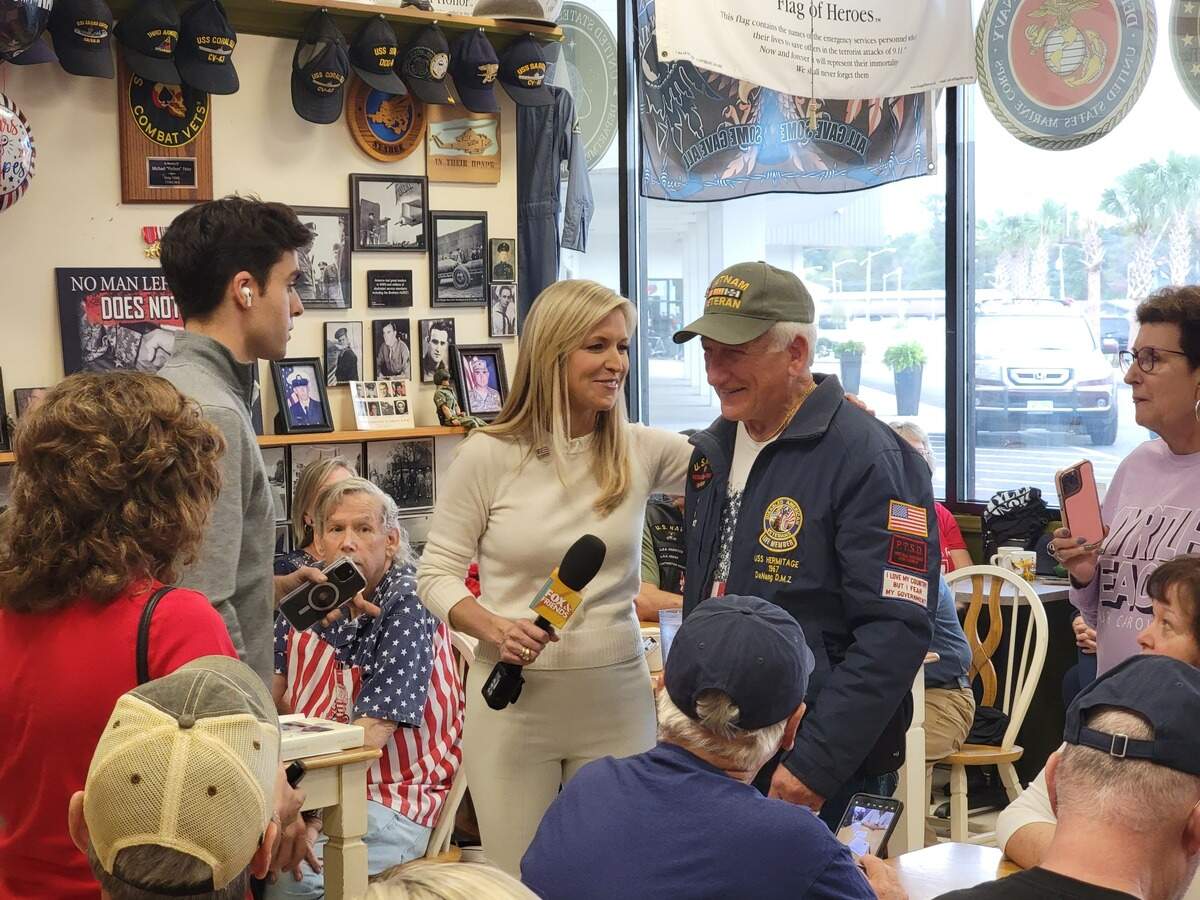 Fox and Friends co-host Ainsley Earhardt met Veterans Cafe and Grille visitors for the Breakfast with Friends segment in Myrtle Beach.