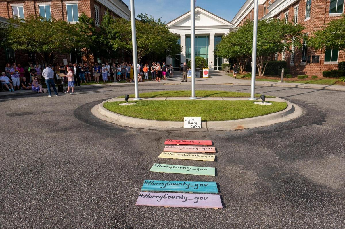 A protest was organized outside the Horry County Government and Justice Center by Grand Strand PRIDE to dispute Horry Council’s decision to rescind their earlier designation of the month of June as “PRIDE month.” Members spoke to the media outside as council heard arguments to reinstate the PRIDE month designation in council chambers. June 21, 2022.
