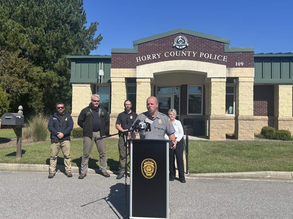 Horry County Police Chief Kris Leonhardt speaks during a press conference Wednesday, Sept. 30, 2026, about a multi-agency investigation in the Longs area that resulted in several people being arrested.