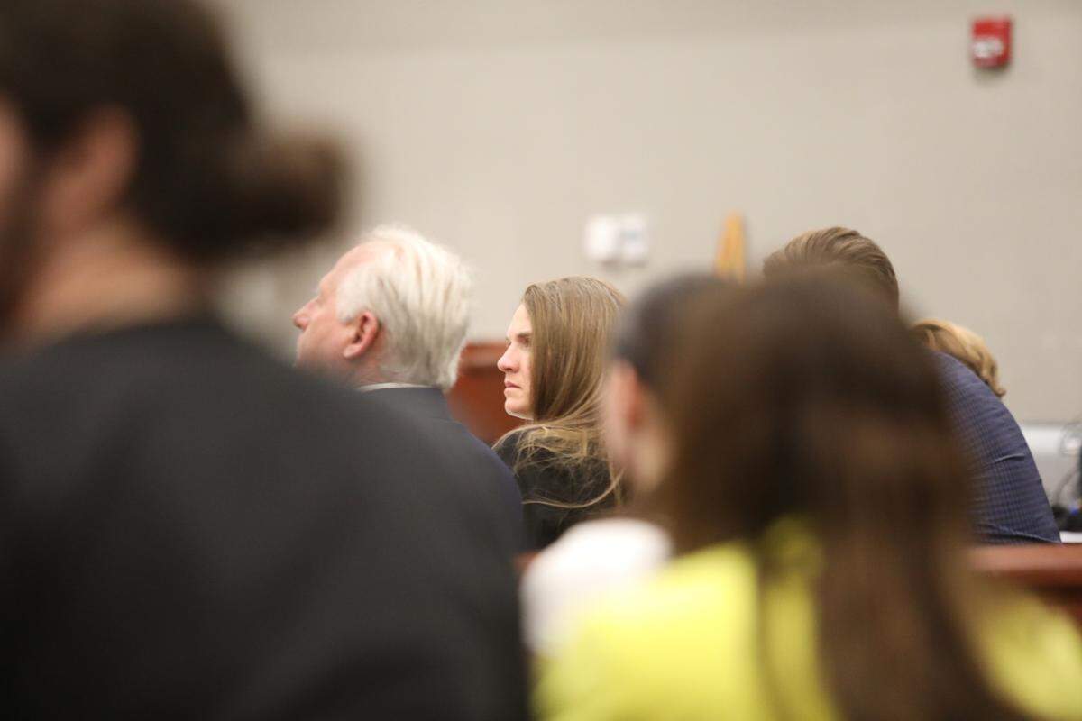 Meagan Jackson watches Christopher Dontell testify against her in her murder trial. Dontell said he saw her saw Greg Rice the night of Oct. 2, 2020