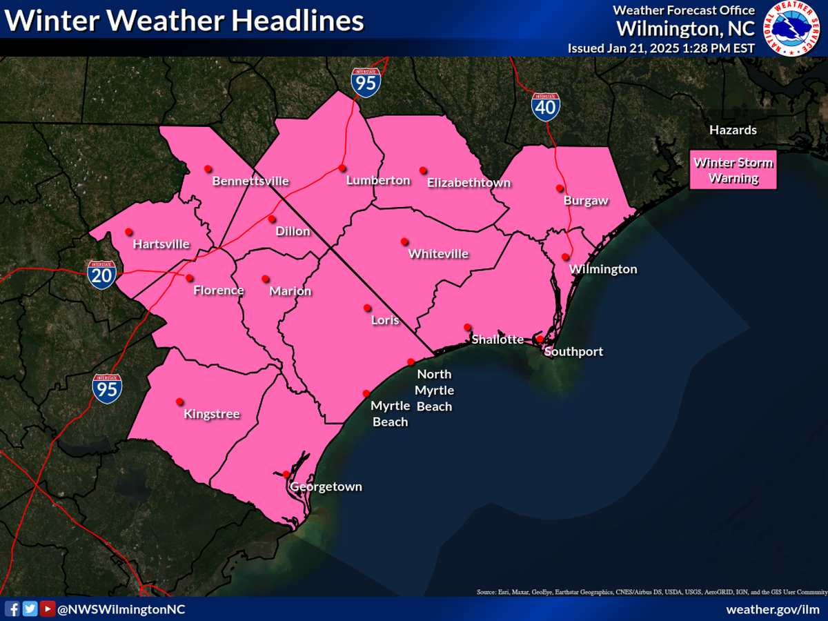 Updated Winter Storm Warning map from the National Weather Service in Wilmington, NC.