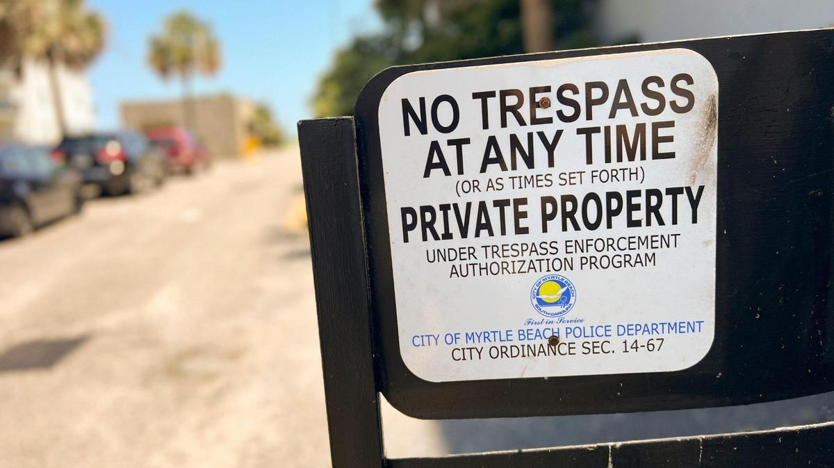 Signs distributed by the City of Myrtle Beach warn against trespass as part of the city’s Trespass Enforcement Authorization Program. July 12, 2023.