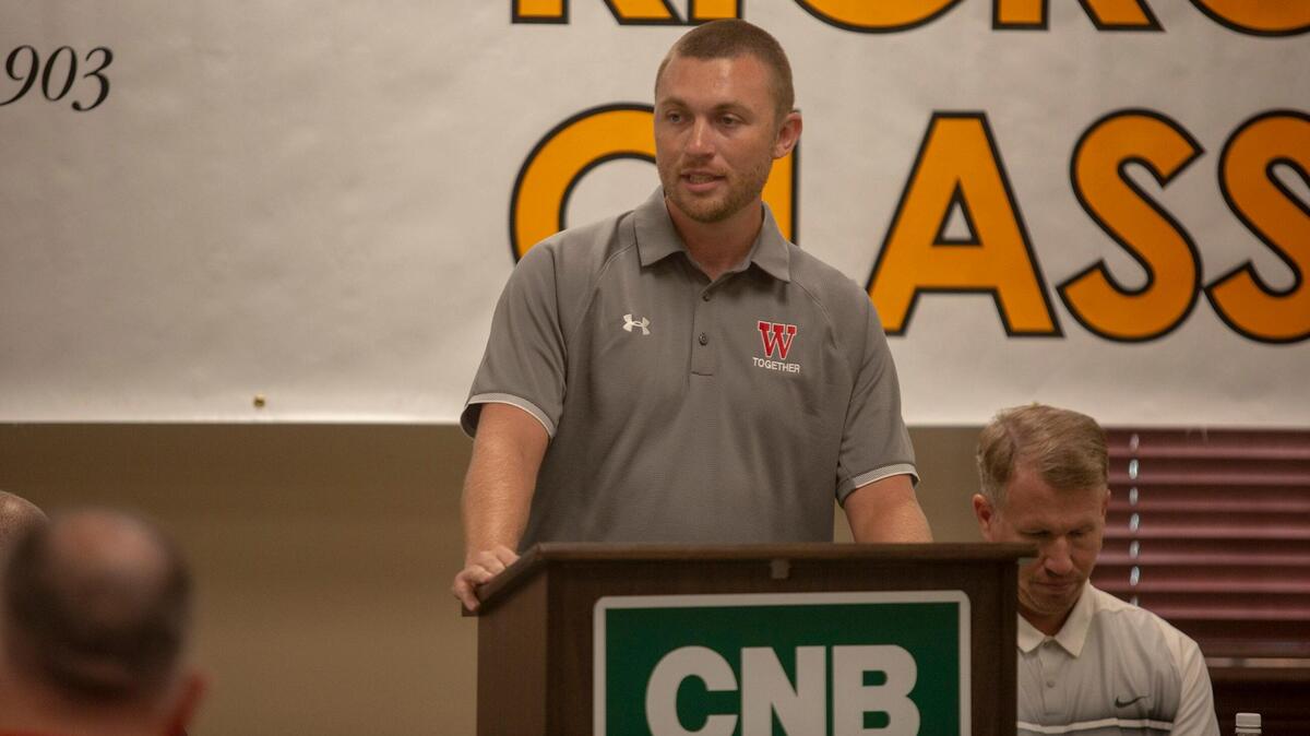 Waccamaw football coach Shane Fidler speaks at the CNB Kickoff Classic luncheon on Tuesday.