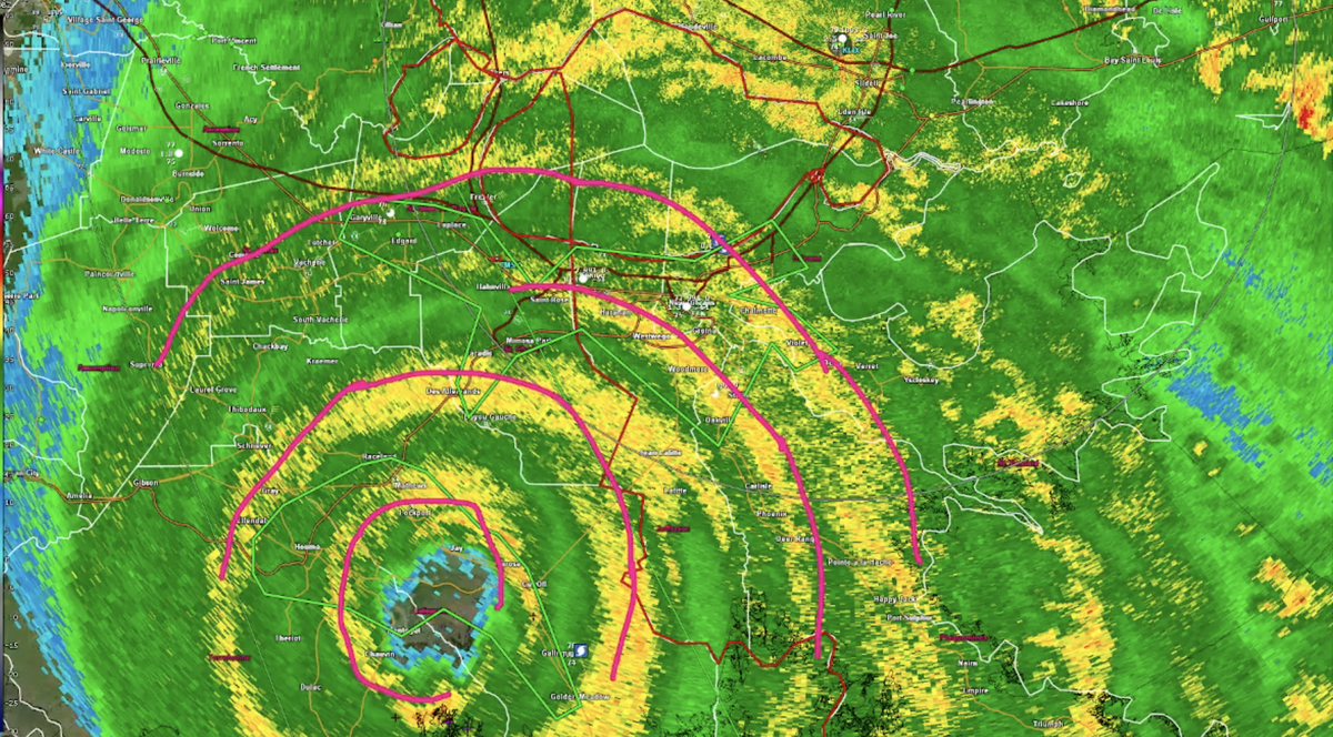 The pink lines on this radar map of New Orleans show where Hurricane Ida is developing multiple “rings” around the eye of the storm that can produce winds of 70 to 80 mph.