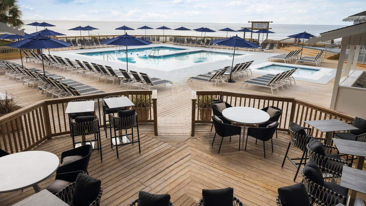 A seating area at the Beachcombers pool restaurant at the Hilton Myrtle Beach Resort.