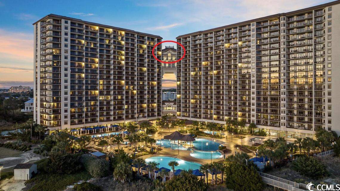 A North Myrtle Beach condo called the “Bridge Penthouse” is listed for $5 million. Located between the two North Beach Towers, near Barefoot Landing, this unit has seven bedrooms and an ocean view. This image has been altered to identify the condo for sale. Dec. 28, 2023.