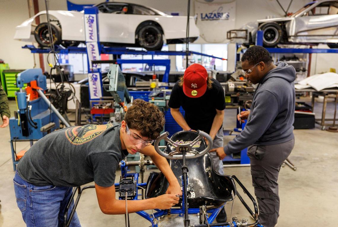 Students work on a racing cart at The Palmetto Academy for Learning Motorsports (PALM). The charter high school in Conway, SC uses motorsports as a foundation for educating students. In additional to their regular curriculum, high school students work in Welding, Digital Arts & Graphics, Auto Collision Technology and Motor Sports Technology to learn skills that can be applied to various trades. Oct. 30, 2024.