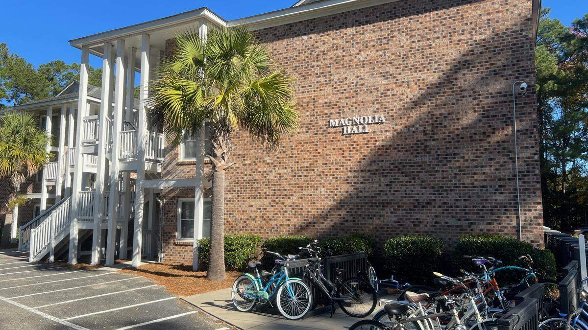 A photo of Magnolia Hall, a Coastal Carolina University residence hall where a freshman student was found dead inside Sunday night. Nov. 29, 2022.