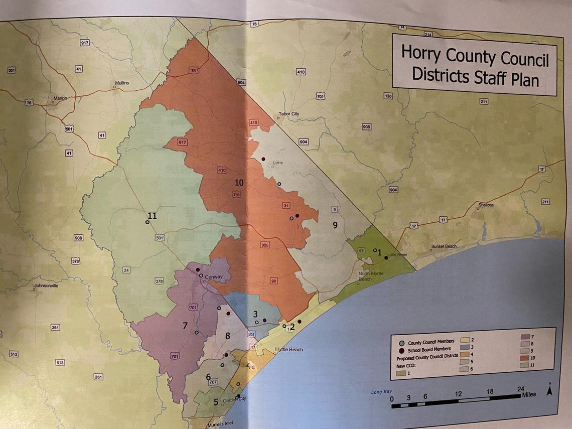 A print out of the proposed district map for Horry County Council and the Horry County Board of Education released by county officials Nov. 17, 2021.