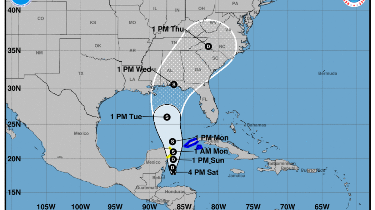 A National Hurricane Center projected path for tropical cyclone 14, which is forecast to become a tropical storm Sunday.