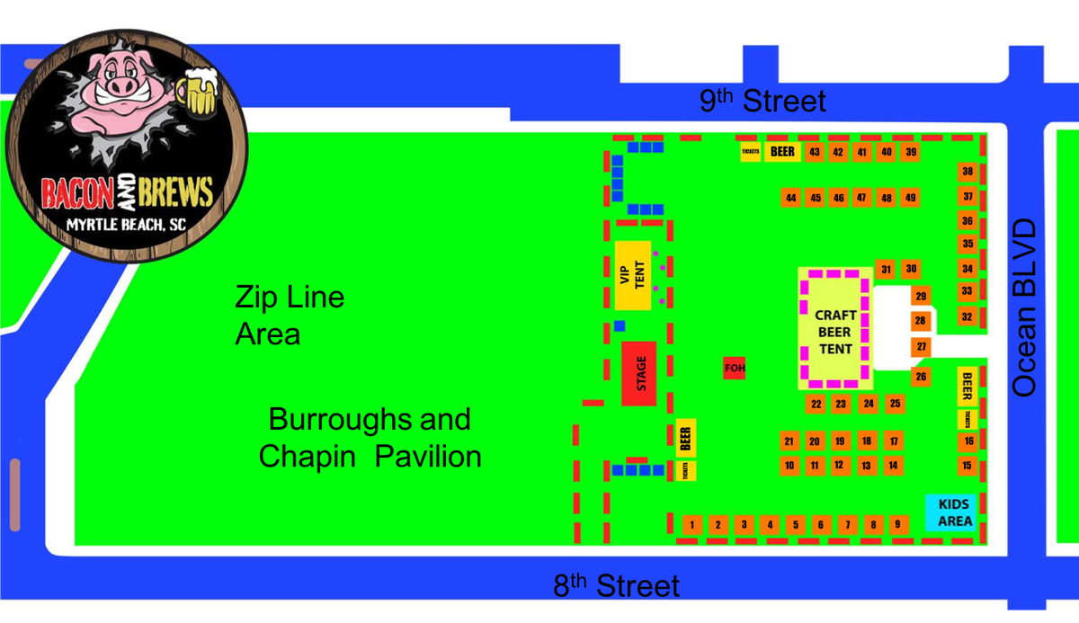 A site map for the Bacon and Brews Festival in Myrtle Beach.