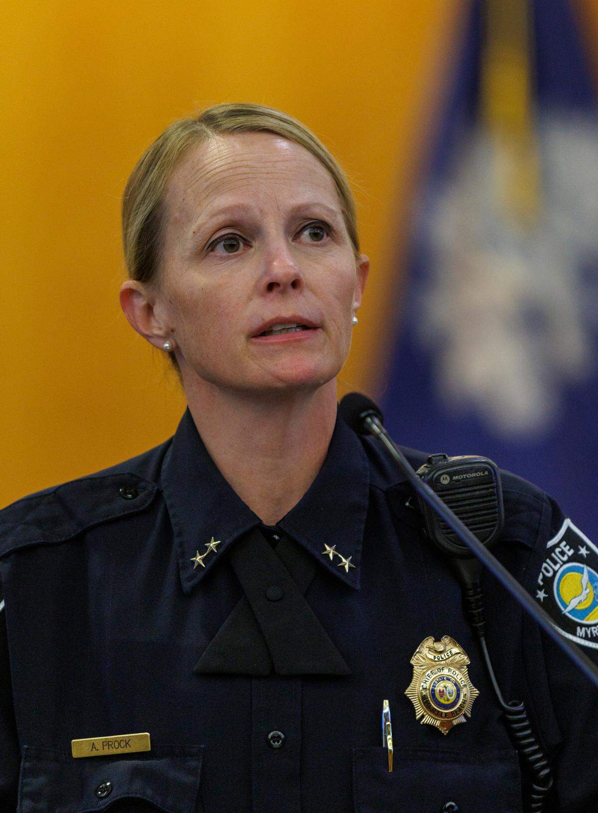 City of Myrtle Beach Mayor Brenda Bethune and Police Chief Amy Prock give a statement to the media four days after the police involved shooting incident the left a 18-year-old suspect dead and wounded 11 other on Ocean Boulevard in Myrtle Beach. April 7, 2025.
