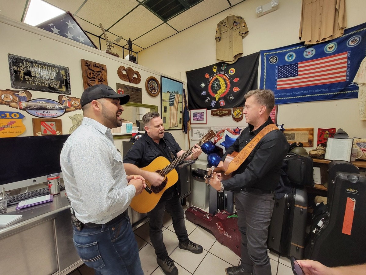 Singer Tyler Kinch rehearsed his new song “Frontlines” with guitarists Danick Dupelle and Darren Berry at Veterans Cafe and Grille in Myrtle Beach.
