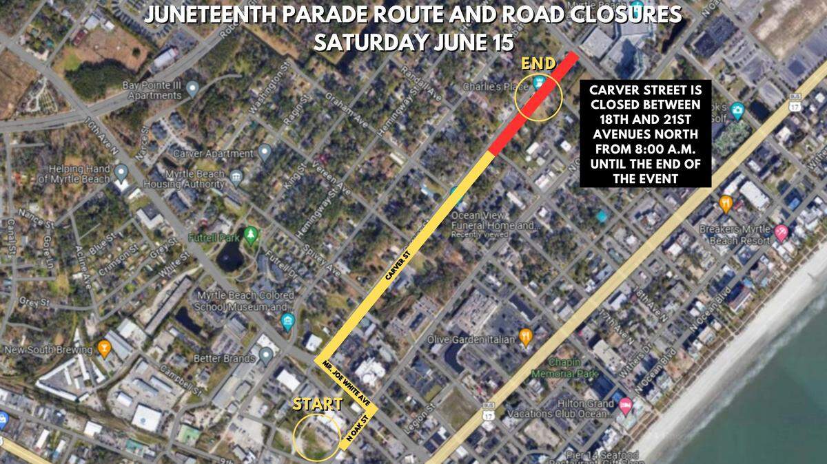 The city of Myrtle Beach announced road closures for the annual Juneteenth Parade and Celebration on Saturday, June 15, 2024.