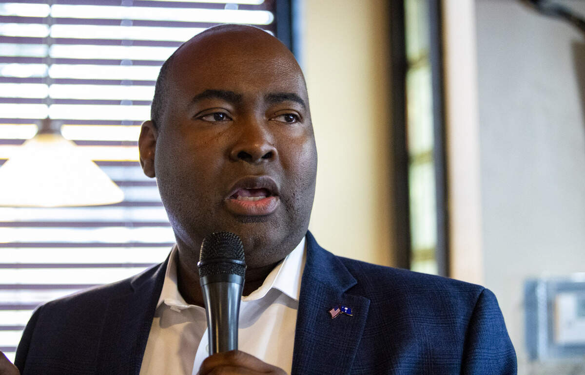 Jaime Harrison speaks to supporters Wednesday afternoon at Big Mike’s Soul Food in Myrtle Beach.