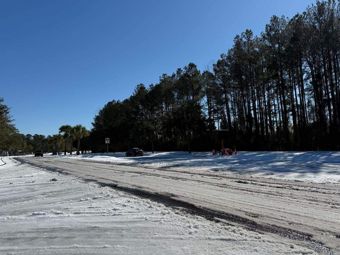 The usually busy Farrow Parkway in The Market Common area of Myrtle Beach was quiet, with only a few cars driving at 12:15 p.m. on Wednesday