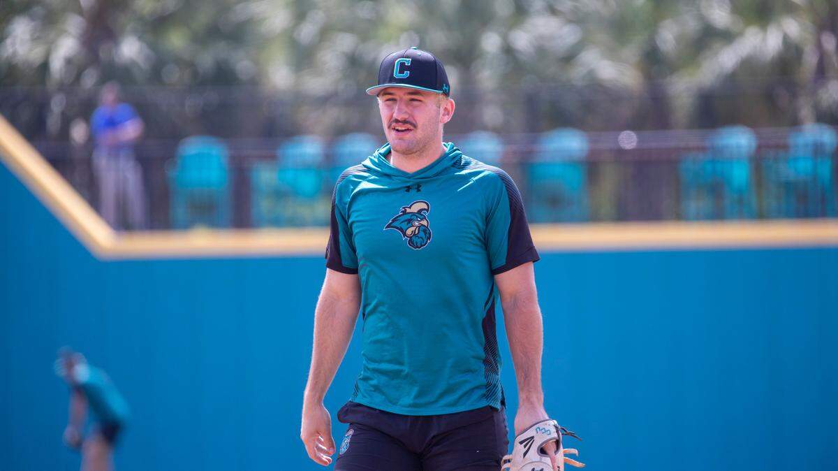 Coastal’s Derek Bender during fielding practice on Thursday. The Coastal Carolina Chanticleers baseball team practices on Thursday at Spring Brooks Stadium in advance of hosting the fifth NCAA Tournament regional in program history in Conway, S.C. June 1, 2023.